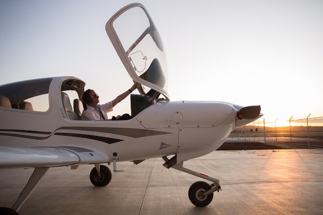 Pilot in plane cockpit