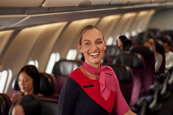 Flight attendant in A330 Economy cabin