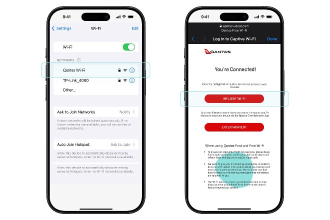 Qantas app showing how to connect onboard