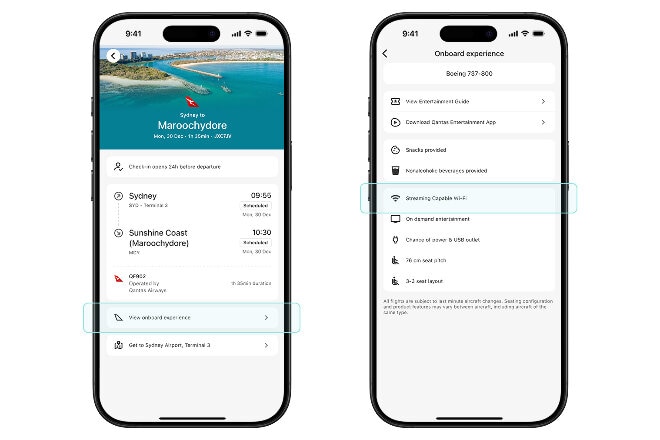 Qantas app showing Wi-FI option