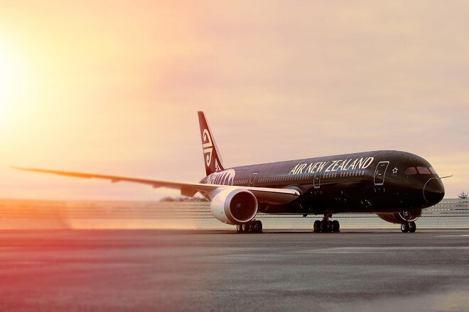 Air New Zealand aircraft on the tarmac at sunset