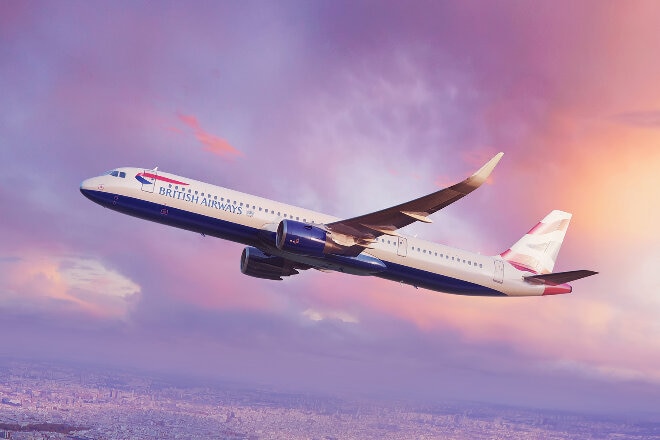 British Airways aircraft inflight at sunset