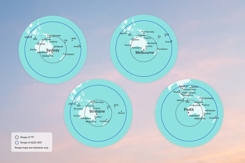 Map showing approximate flying range of A220