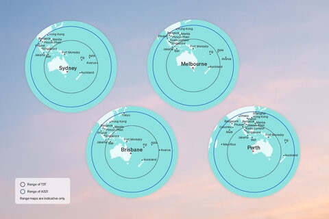 Map showing approximate flying range of A321