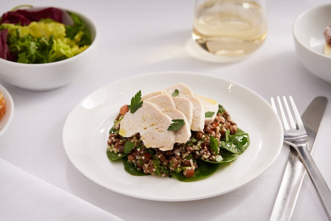 Salad of chicken with lentils and tabouleh served in Business on Australian domestic flights