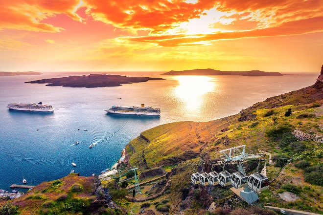 Cruise ship Santorini sunset