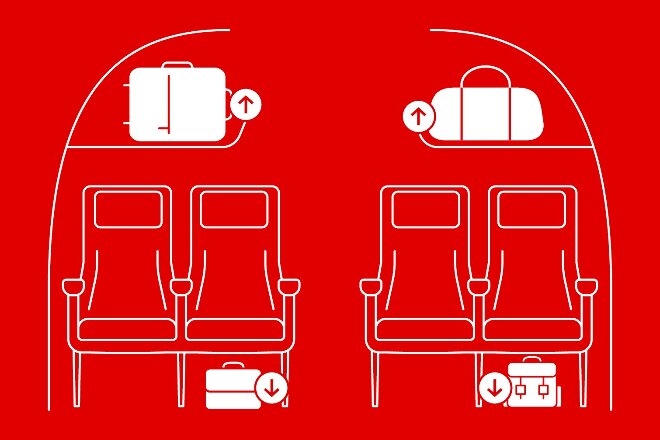 Illustration of cabin displaying one up one down for stowing your carryon baggage