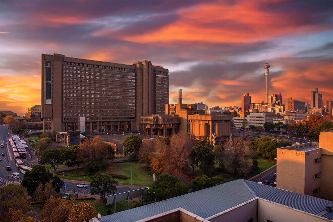 Johannesburg buildings and sunset