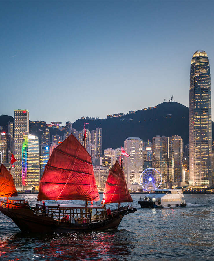 Traditional Junk Boat at Dusk, Hong Kong