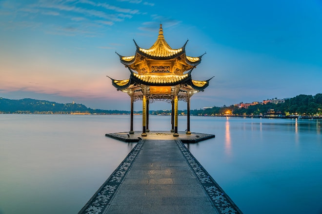 Hangzhou temple on water