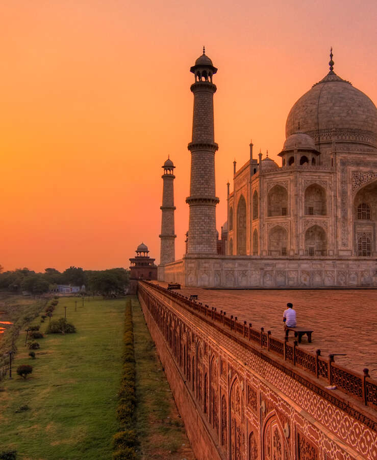 Taj Mahal and Yamuna river at sunrise, Agra, India.