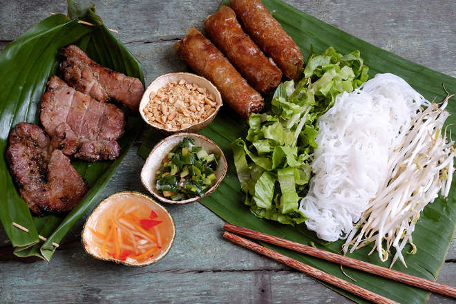 vietnamese salad on banana leaf