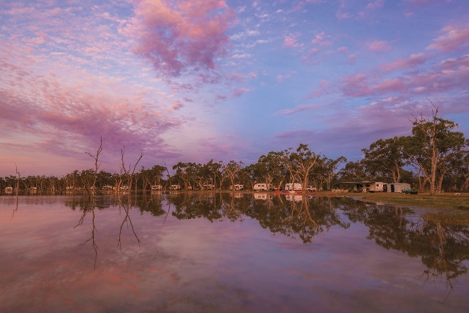 Pink sunset over river