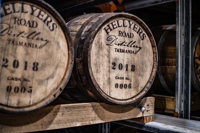 Whisky barrels at Hellyers Road Distillery