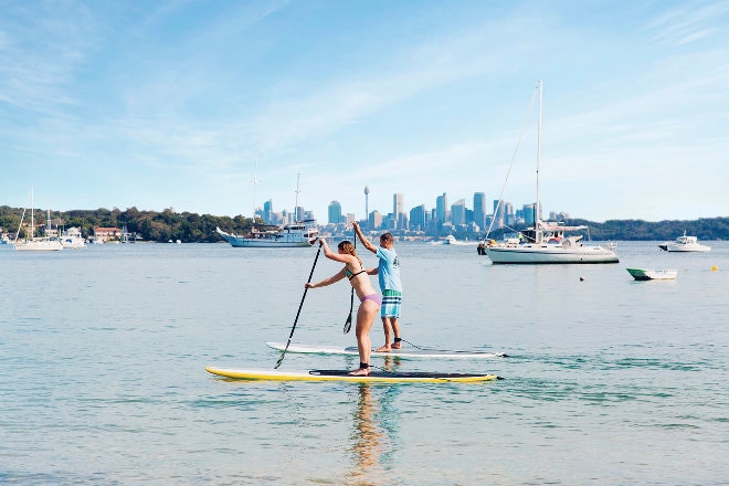 Two paddleboarders in Sydney Harbour