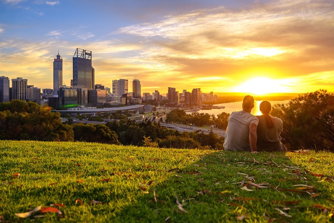 Couple watching the sunset at Kings Park, Perth