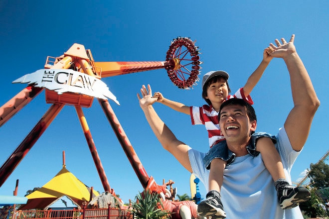 Father and son in front of the Big Claw, Dreamworld