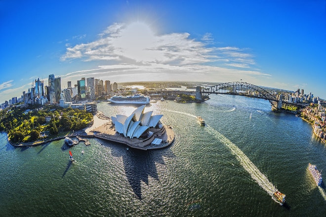 Aerial view of Sydney Opera House and Harbour Bridge