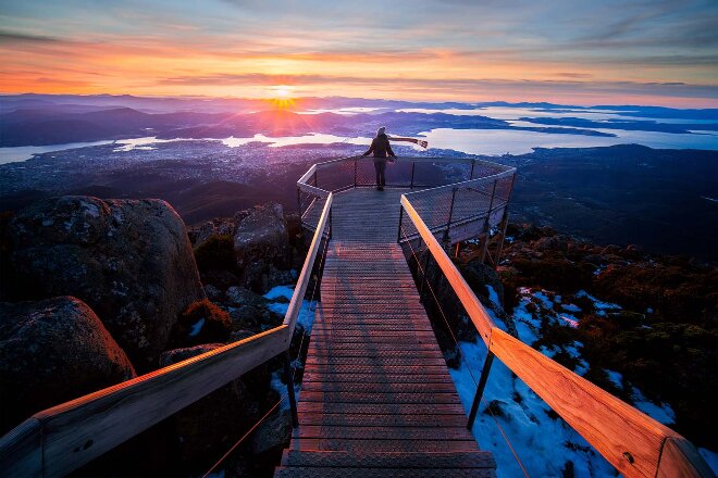 Person standing on summit at Mount Wellington, Tasmania