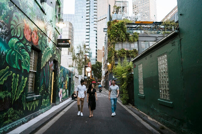 People walking down Meyers Place