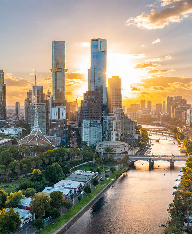 Melbourne City aerial view over the Yarra River and Southbank