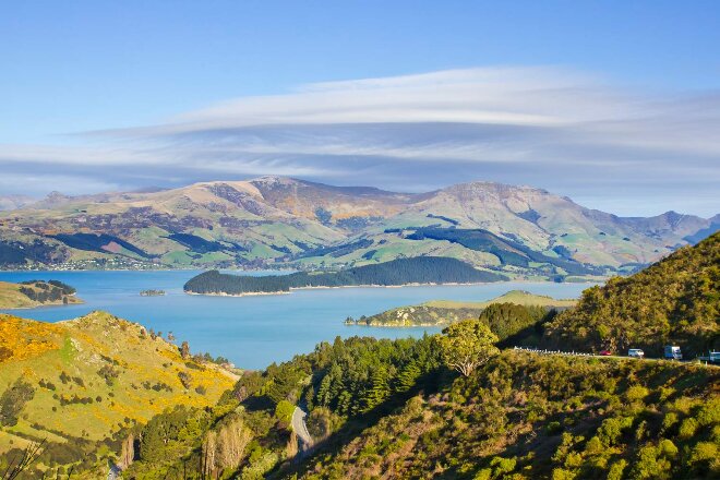 Bank Peninsula, water and mountains