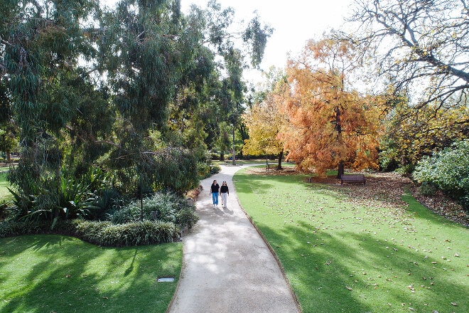 Friends walking through Botanic Gardens Albury