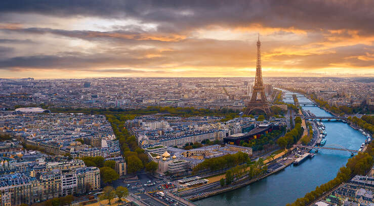 Aerial view of Paris with Eiffel tower during sunrise