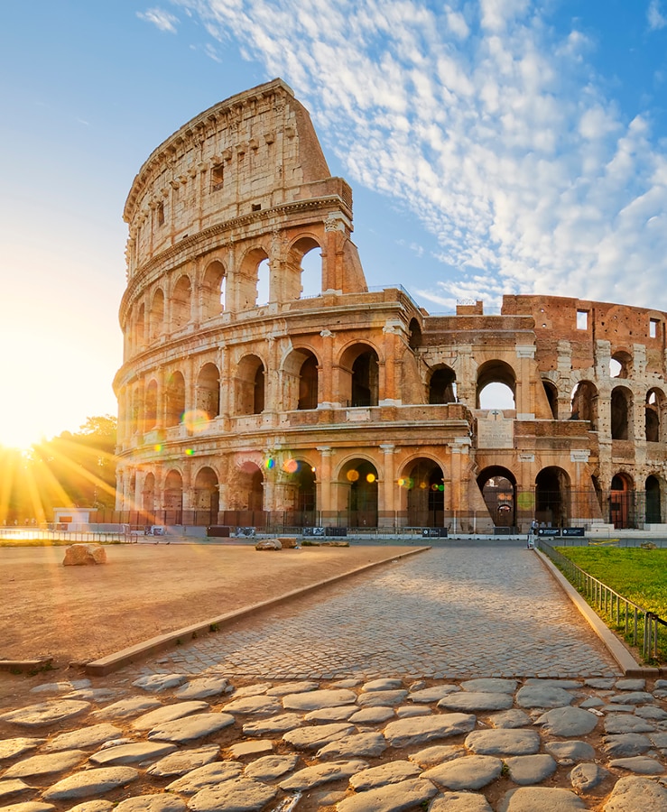 Colosseum in Rome and morning sun, Italy  