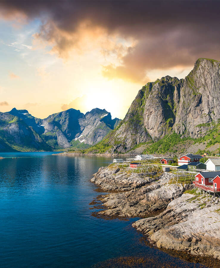 Norway Panoramic view of Lofoten Islands in Norway with sunset scenic