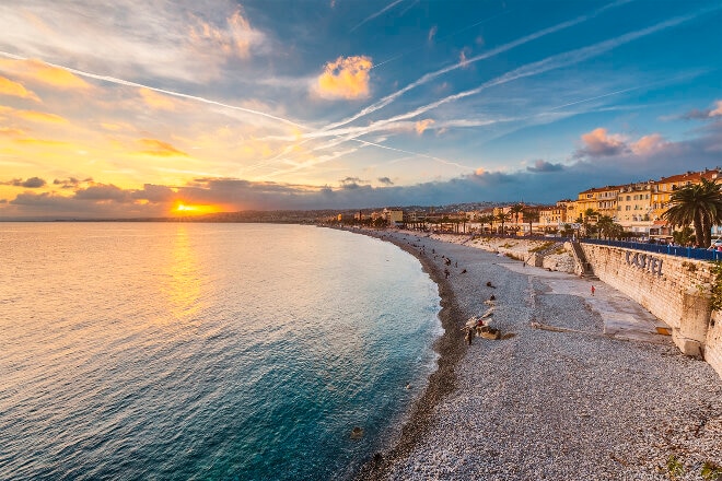 Promenade des anglais at sunset, Nice, French Riviera  