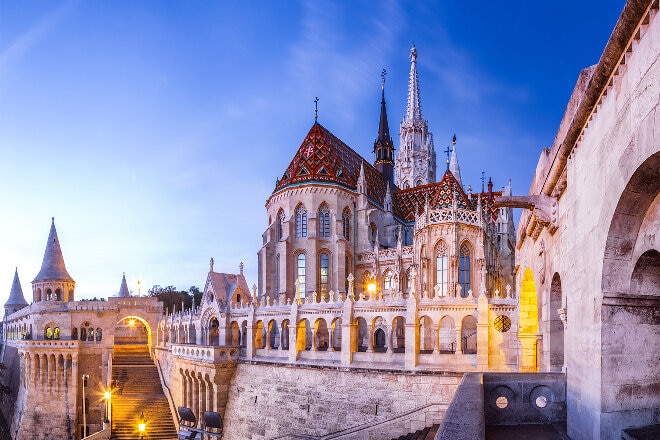 Budapest Fisherman's Bastion and Matthias Church view at morning dawn  