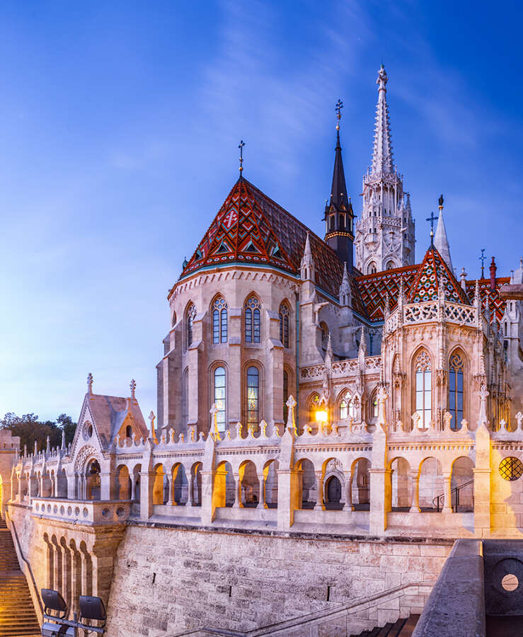 Budapest Fisherman's Bastion and Matthias Church view at morning dawn