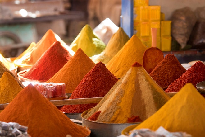 Coloured spices in a market