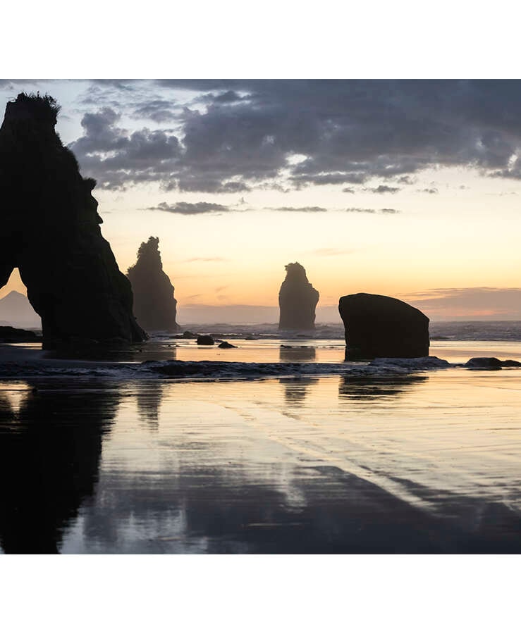 New Plymouth Three Sisters beach and Elephant Rock at sunset, New Zealand.