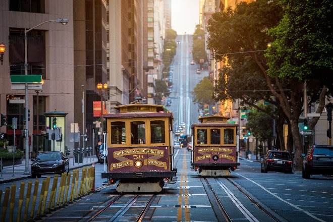 Steep street with cable cars along a pretty steep street