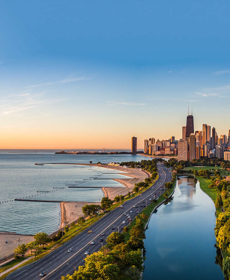 Chicago city skyline, River and buildings