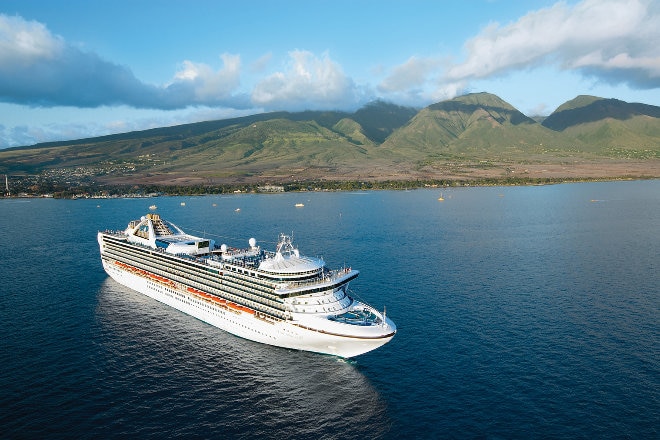 Ship on water outside Hawaiian island