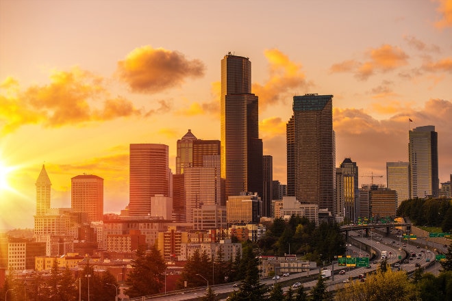 Seattle cityscape at sunset