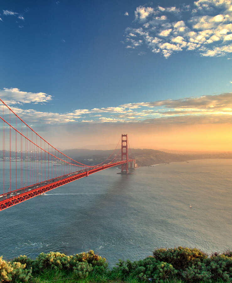 The Golden Gate Bridge during sunset in San Francisco, California