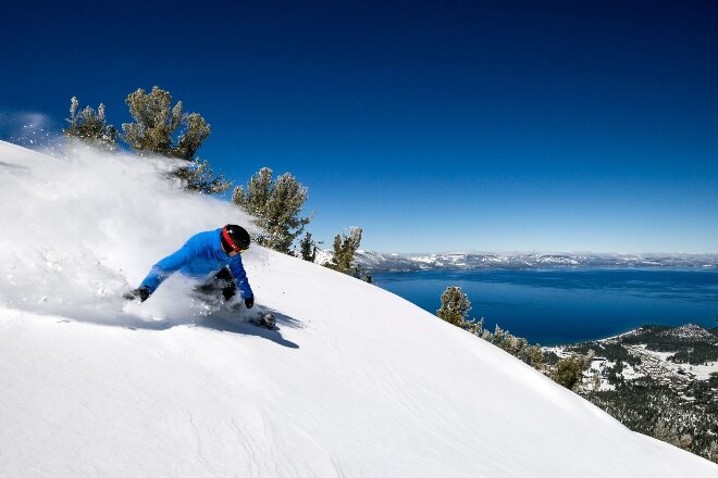 Skier on going down mountain, Lake Tahoe