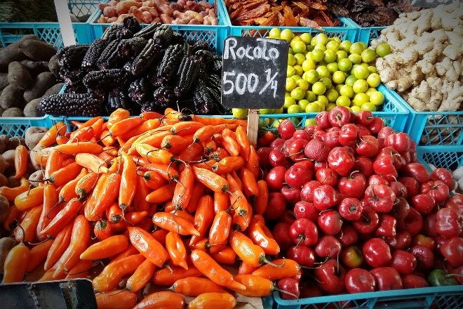 Coloured vegetables at market stall