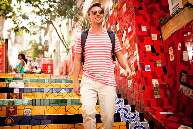 Male tourist walking in the city