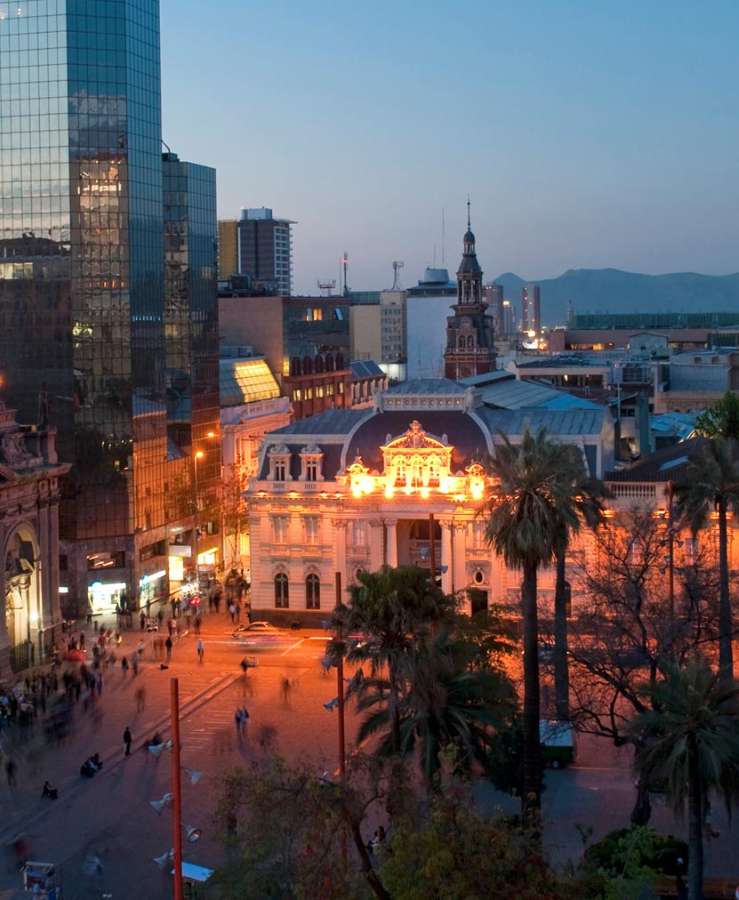 Plaza De Armas, Santiago, Chile at night.