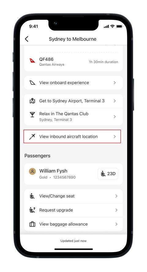 View inbound flight tracker access point outlined in red within Qantas app