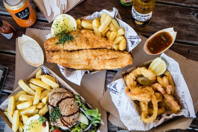 take away fish and chips and seafood in boxes