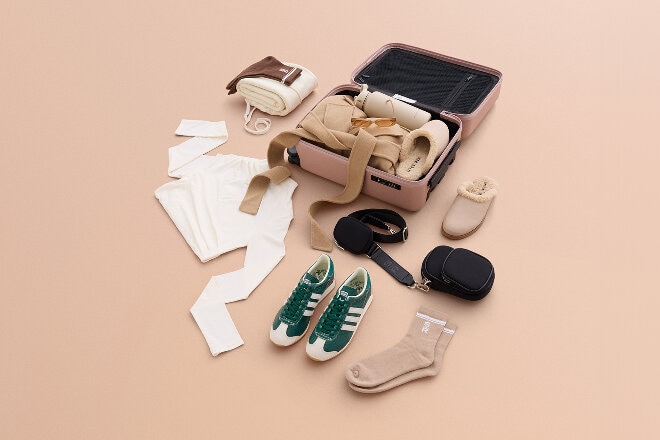 Aerial flatlay of Stylerunner shoes, socks and accessories