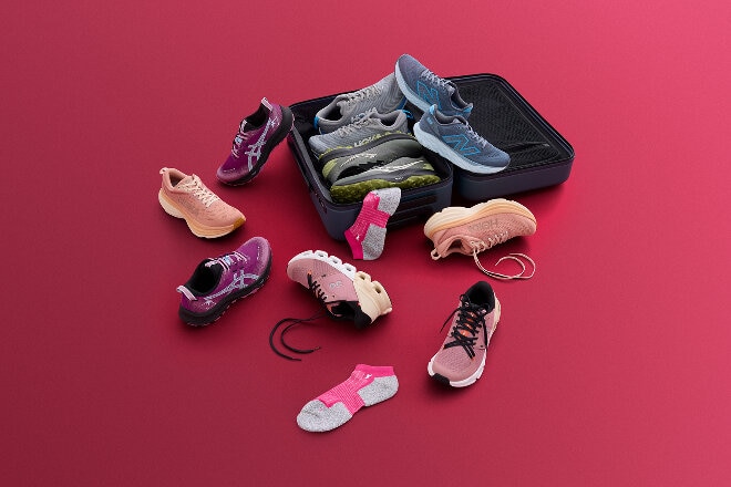 Aerial flatlay of The Athlete's Foot shoes, socks and accessories