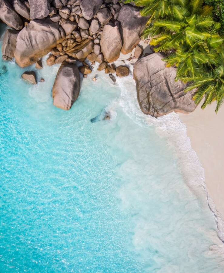 Aerial view of clear blue ocean, beach rocks and palm trees