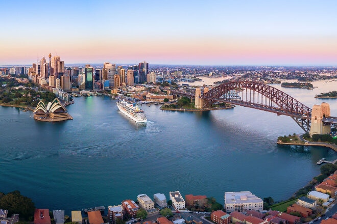 Aerial view of Sydney Harbour Bridge and Opera House